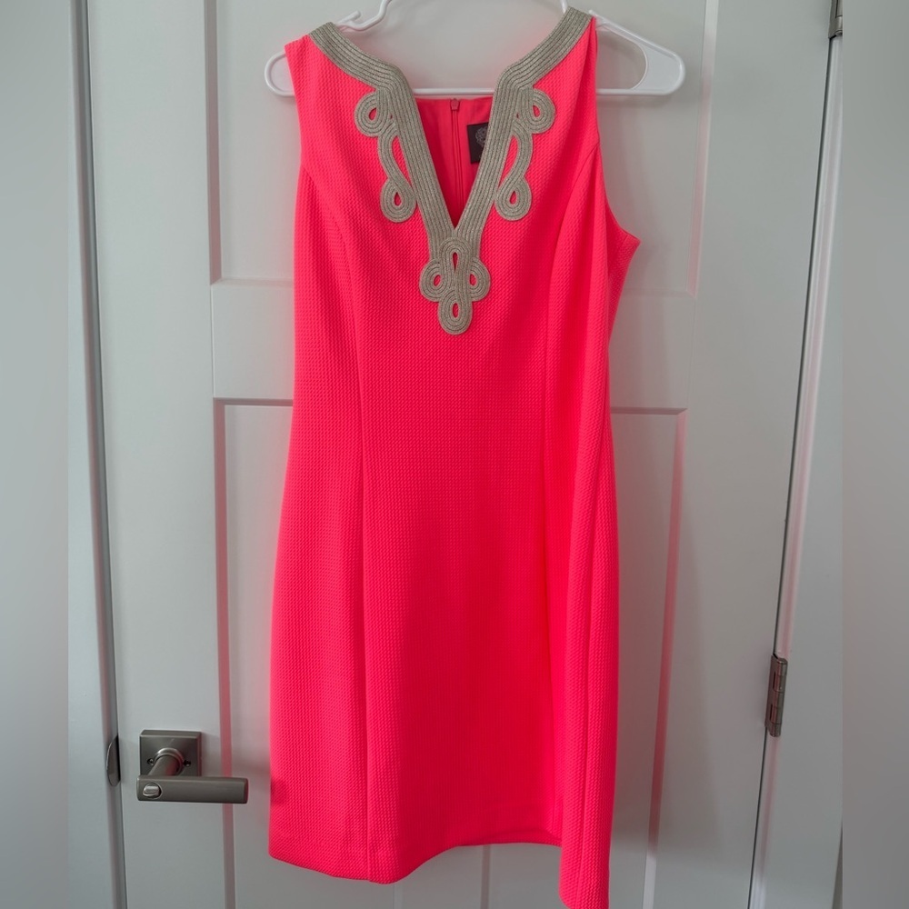 Vince Camuto Bright Pink Shift Dress with Gold Embellishment